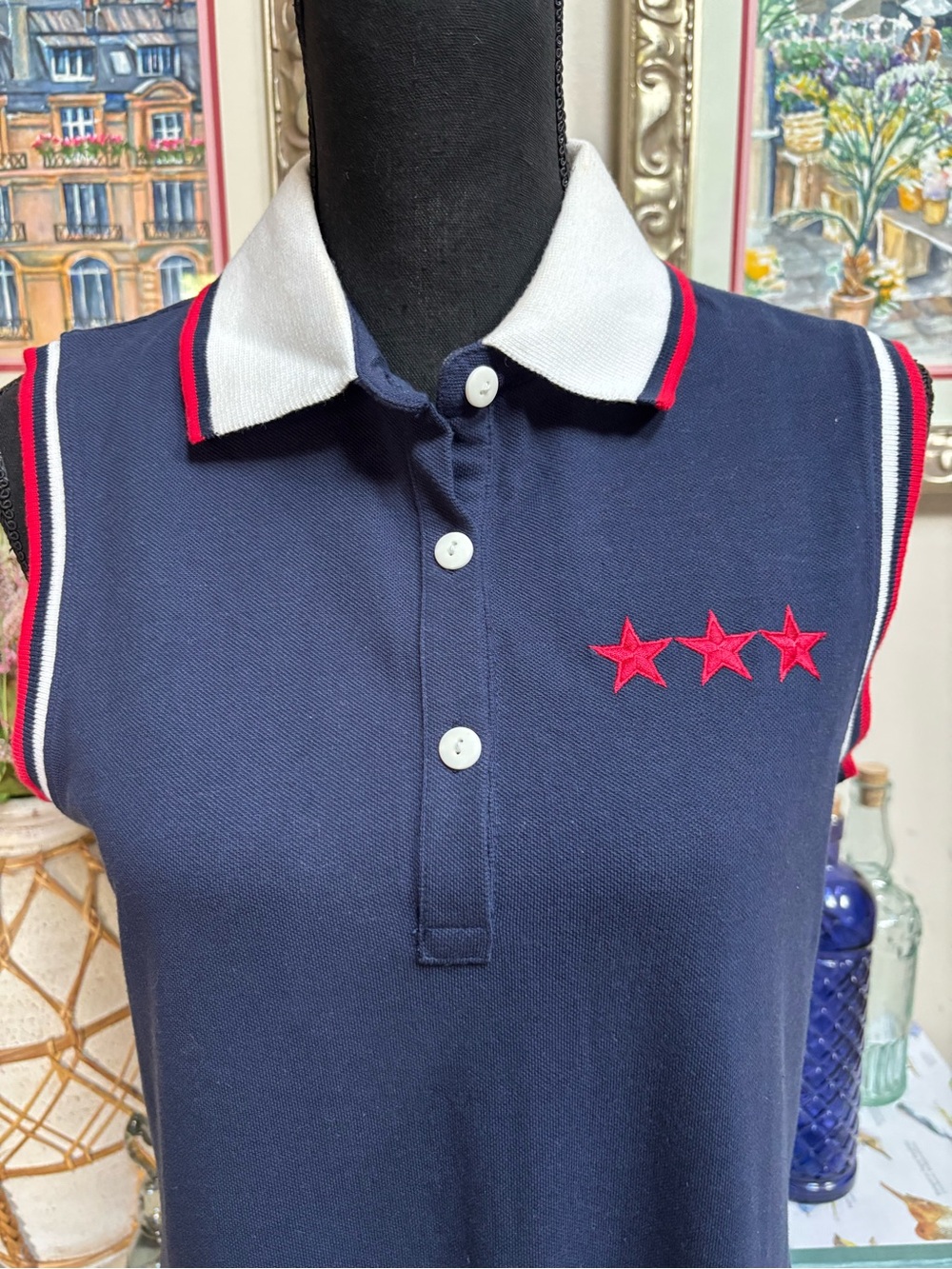 Patriotic 4th Of July Navy Polo Maxi Dress Embroidered Red Stars Vintage Sz L